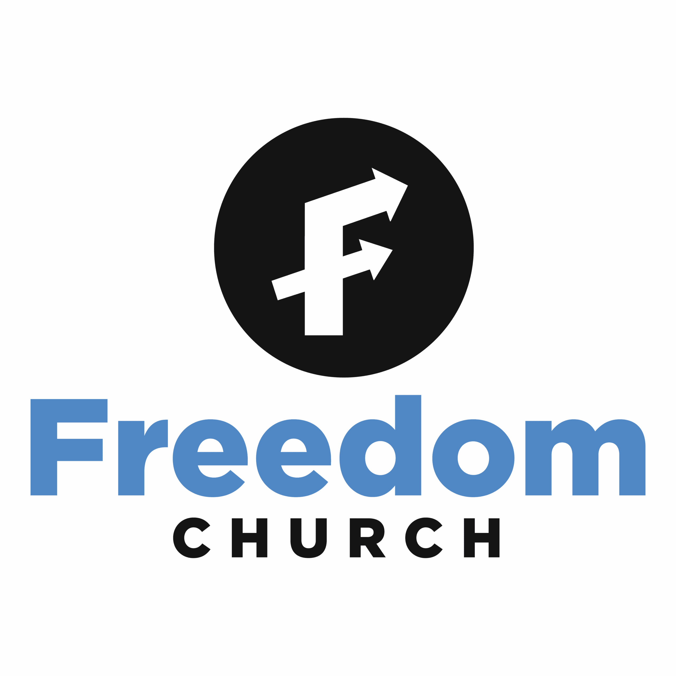 Official logo for Freedom Church featuring a circular black emblem with a white letter "F" and upward arrow inside, set above blue text reading "Freedom" and black text reading "CHURCH".
